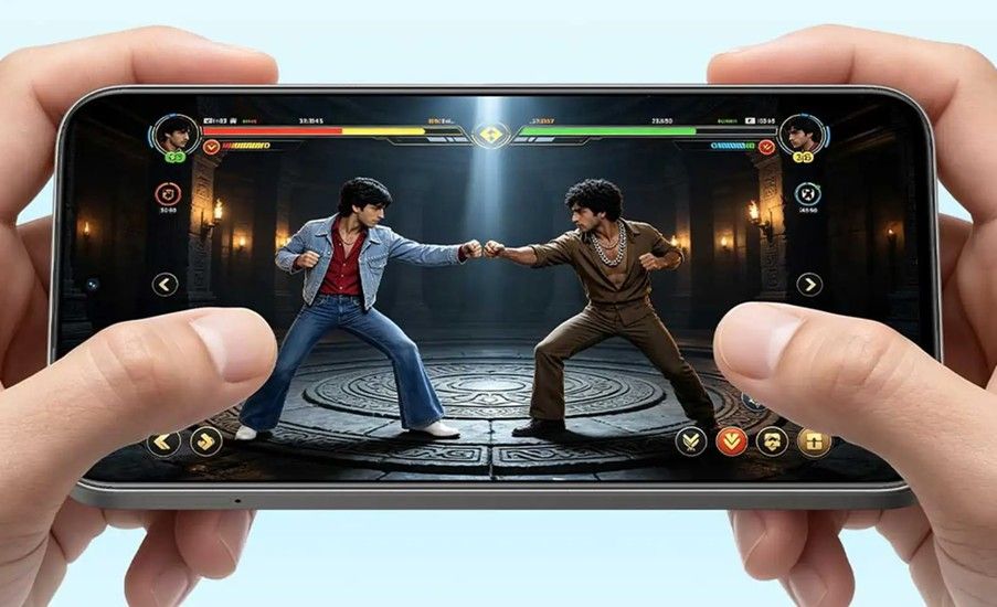 Realme 16x held horizontally with a game running on screen