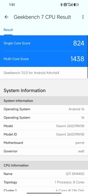 Redmi Note 17 Geekbench 7 Benchmark Screenshot Redmi Note 17 Geekbench 7 Benchmark Screenshot