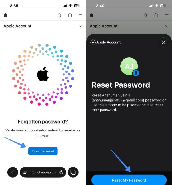 Reset Password page in iforgot Apple website on an iPhone