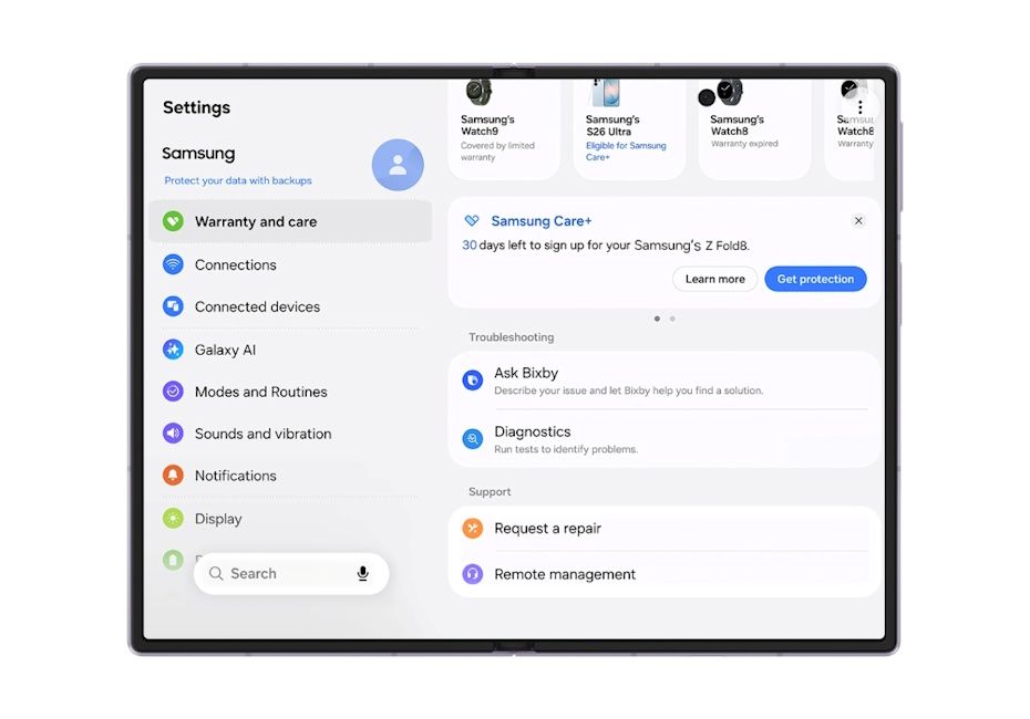 One UI 9 Warranty and Care Hub inside the Settings menu One UI 9 Warranty and Care Hub inside the Settings menu