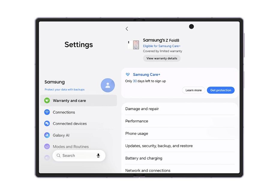 One UI 9 Warranty and Care Hub inside the Settings menu One UI 9 Warranty and Care Hub inside the Settings menu