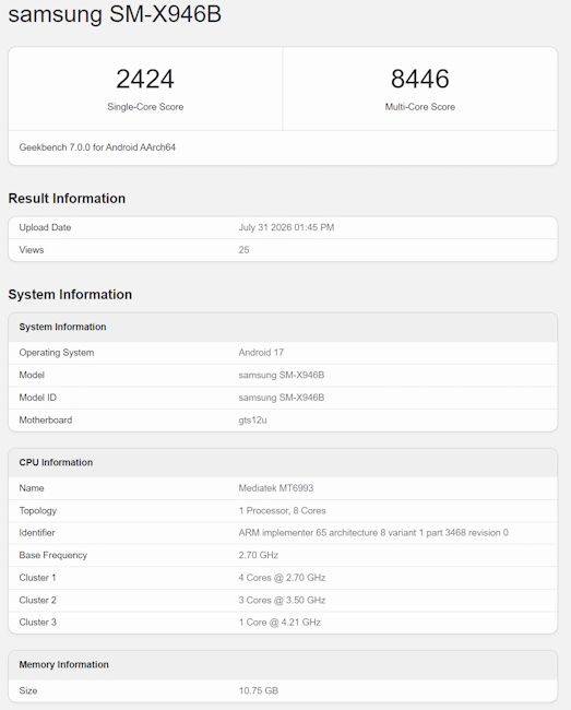 Samsung Galaxy Tab S12 Ultra Geekbench listing reveals score and other details