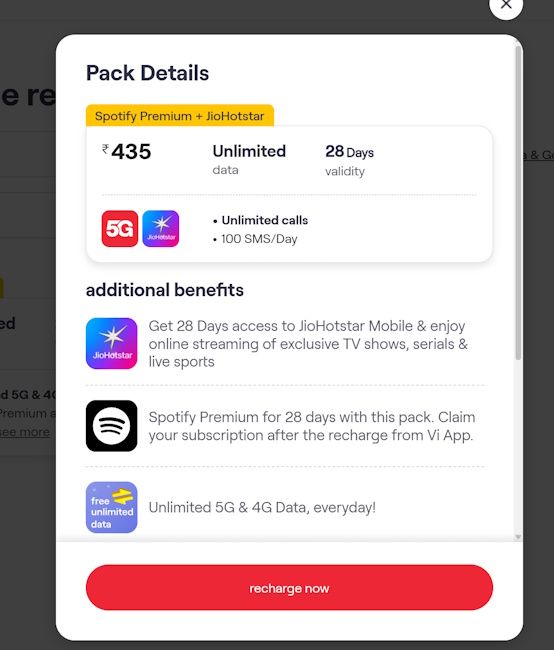 Vodafone Idea (Vi) prepaid plan with Spotify premium