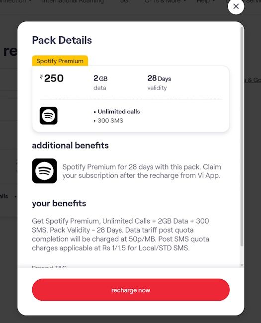 Vodafone Idea (Vi) prepaid plan with Spotify premium