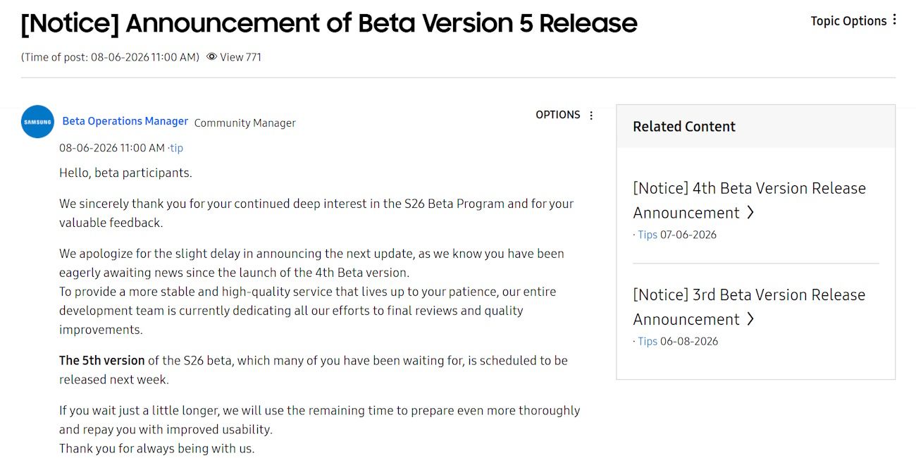 One UI 9 Beta 5 update delay news for Galaxy S26 series