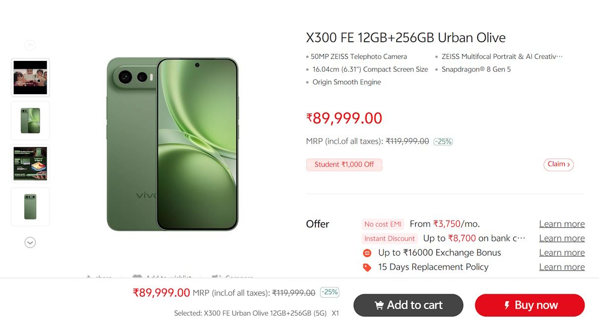 Vivo X300 FE price hike live in India via Vivo India website