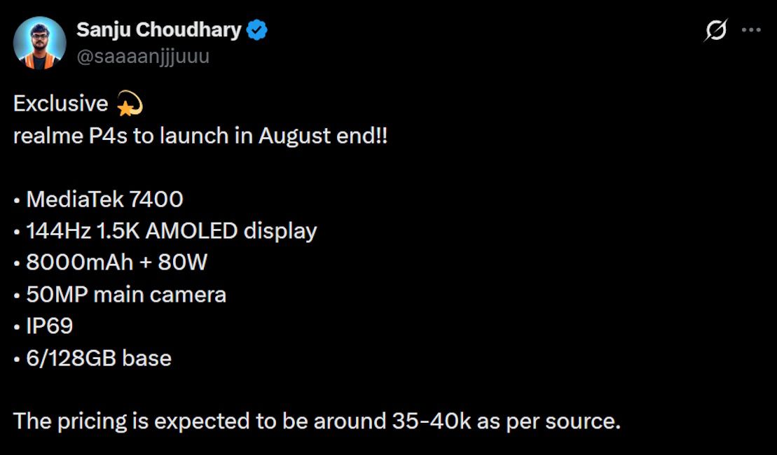 Realme P4s leaked launch timeline, specs and price in India