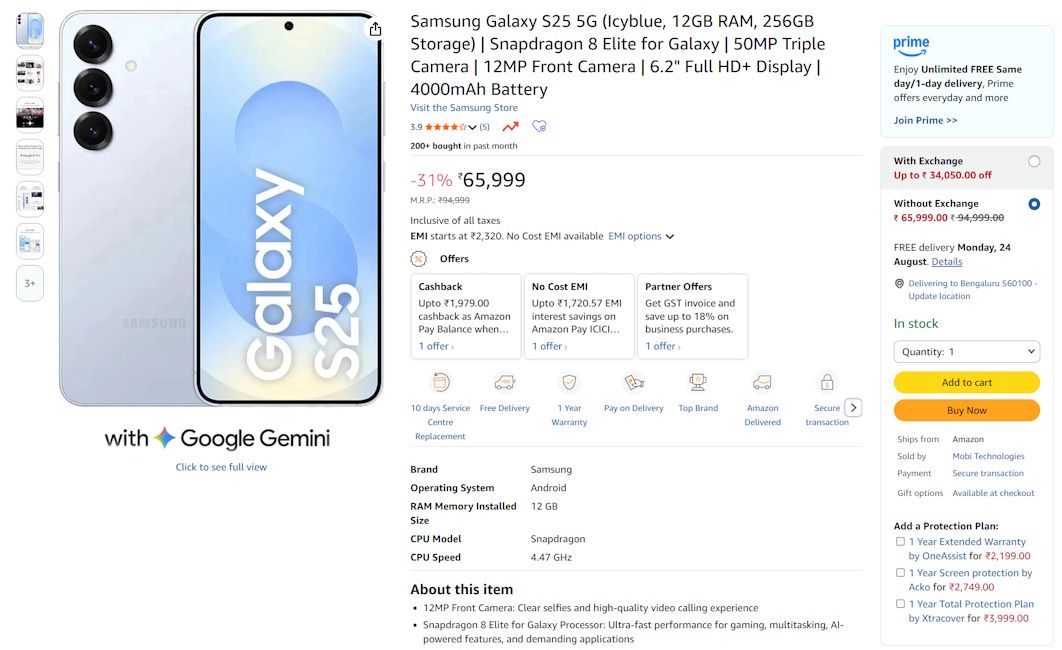 Samsung Galaxy S25 price on Amazon Samsung Galaxy S25 price on Amazon