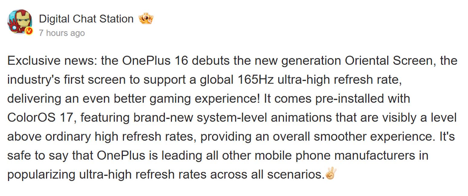 OnePlus 16 could bring system-wide 165 Hz refresh rate