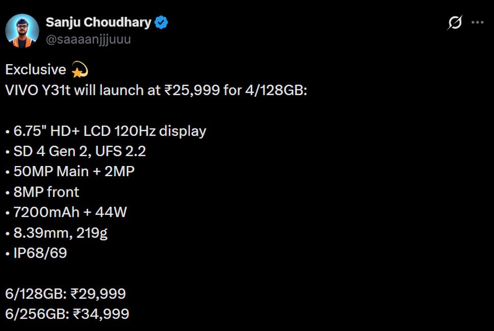 Vivo Y31t 5G leaked pricing and variants
