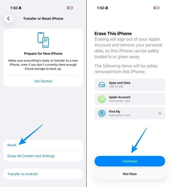 Select Erase All Data and Tap on Continue