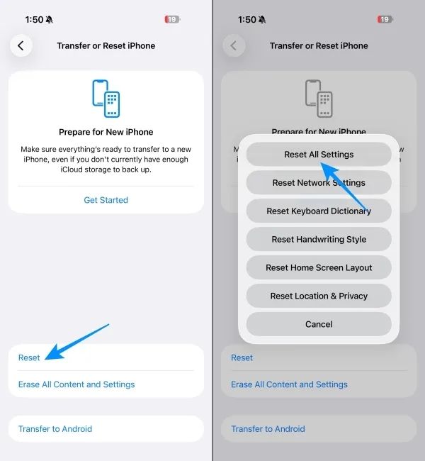 Select Reset All Settings options in the menu 