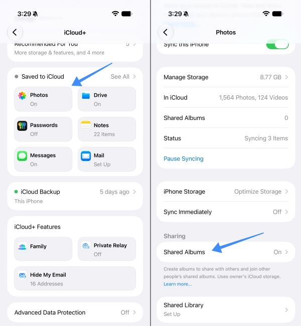 Select the Photos option and tap on Shared Albums Select the Photos option and tap on Shared Albums