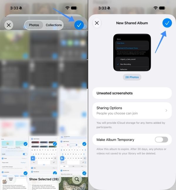Select the photos to add to Shared Albums and save the new album Select the photos to add to Shared Albums and save the new album