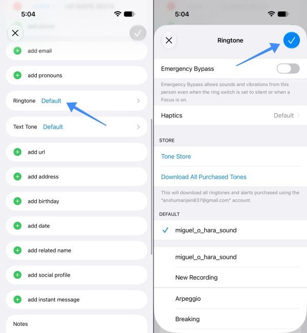 Setting a custom ringtone for individual contact on an iPhone