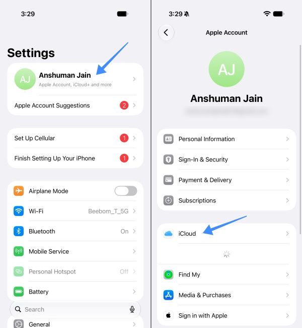 Settings app on iPhone and selecting the iCloud option Settings app on iPhone and selecting the iCloud option