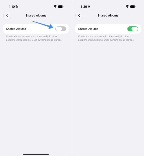 Turn on the Shared Albums toggle Turn on the Shared Albums toggle