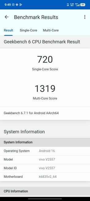Vivo T5 Lite 5G Geekbench 6 Benchmark screenshot Vivo T5 Lite 5G Geekbench 6 Benchmark screenshot
