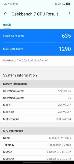 Vivo T5 Lite 5G Geekbench 7 Benchmark screenshot Vivo T5 Lite 5G Geekbench 7 Benchmark screenshot