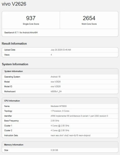 Vivo V80 Lite Geekbench results