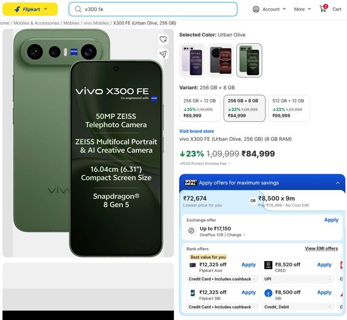 Vivo X300 FE 8 GB RAM flipkart listing page