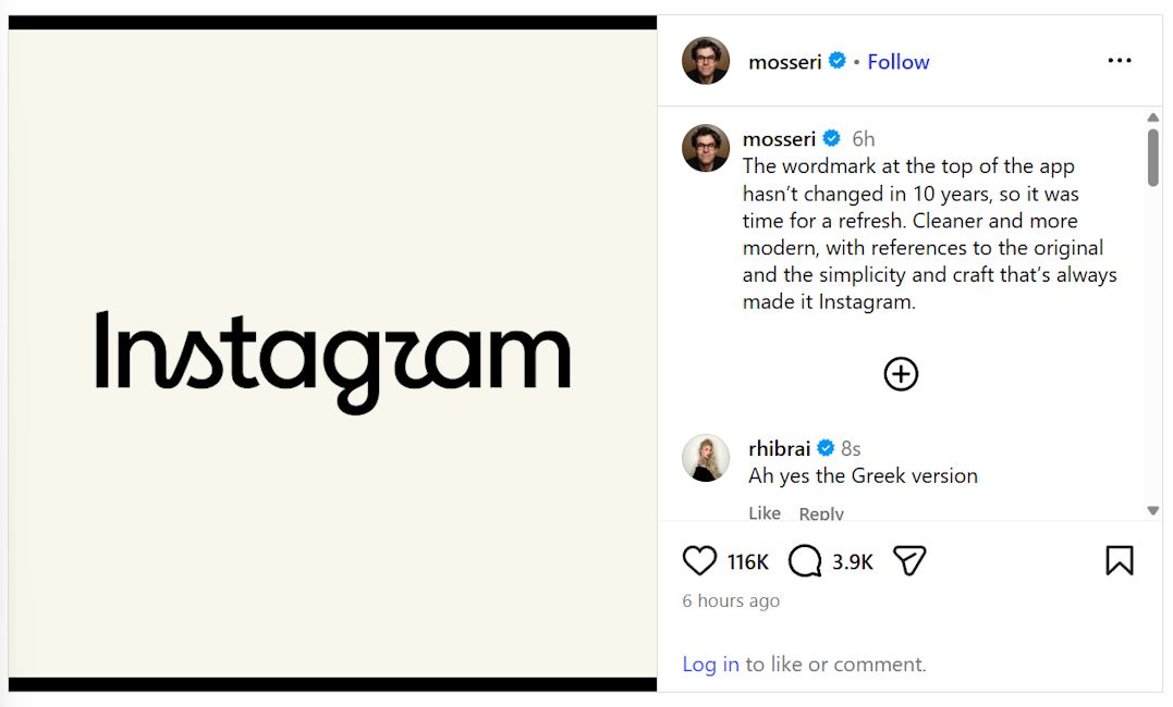 Instagram post screenshot of Adam Mosseri revealing the new Instagram wordmark