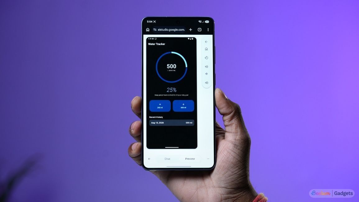 a user holding an android phone showing ai studio website previewing a custom android app in a VM a user holding an android phone showing ai studio website previewing a custom android app in a VM