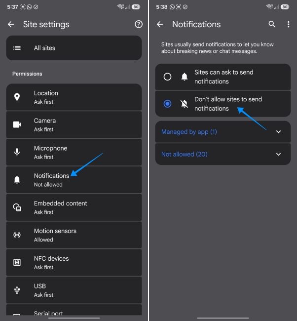 screenshot from an android phone showing how to block notifications in chrome