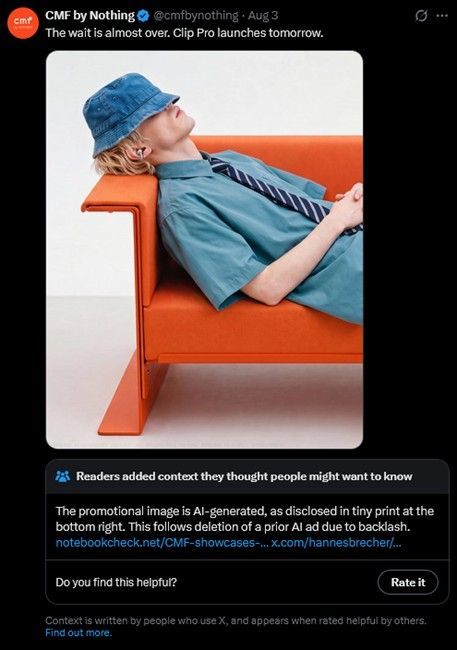 Screenshot of X post showcasing an AI-generated image of CMF Clip Pro while someone is lying down when wearing it