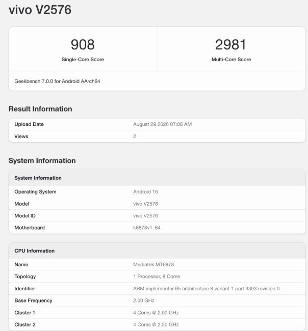 leaked geekbench score of dimensity 7360 running on vivo s2