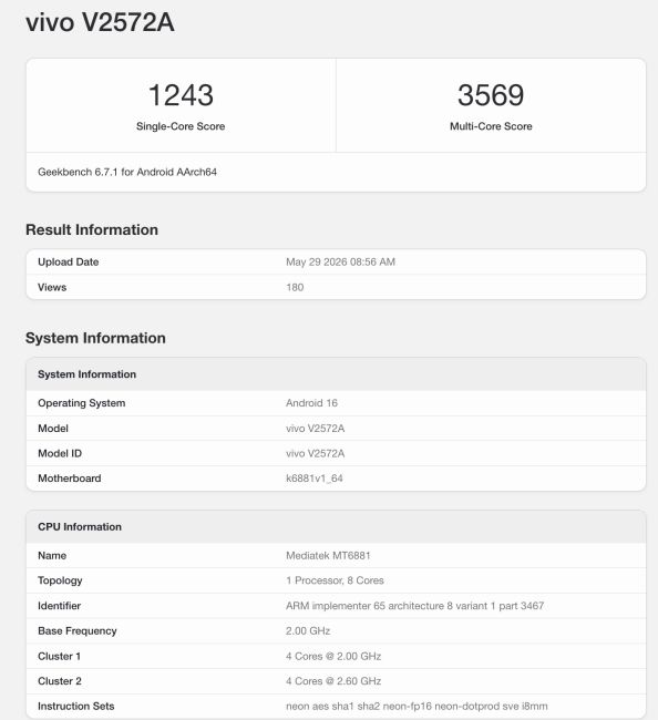 screenshot showing leaked geekbench score of dimensity 7500