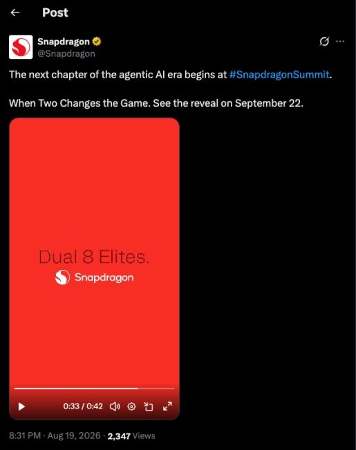 screenshot of an X post from official Snapdragon account confirming Dual 8 Elite releases