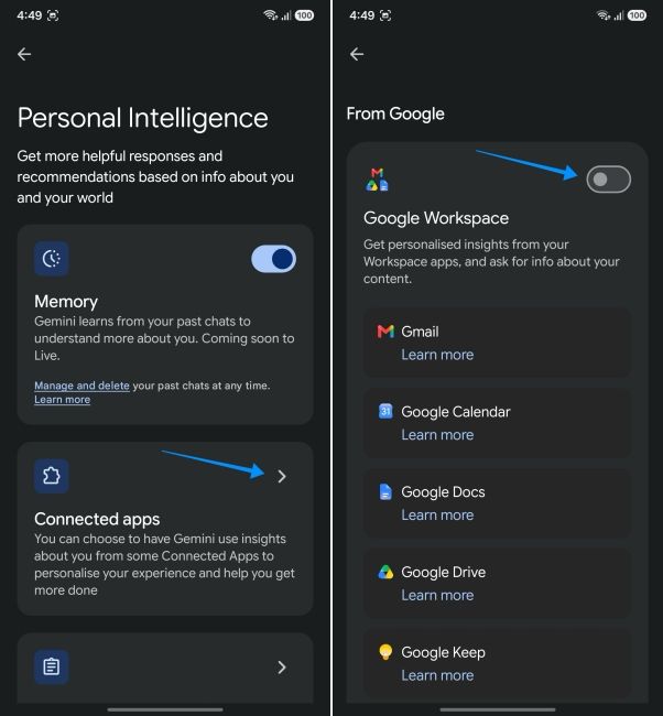 screenshot from an android phone showing how to enable gemini's google workspace extension screenshot from an android phone showing how to enable gemini's google workspace extension