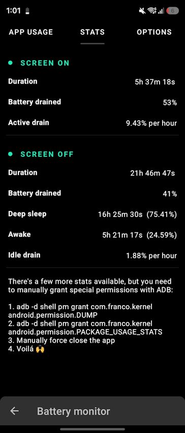 Galaxy Z Fold 8 Ultra screen on time and battery backup details showcased in Franco Kernel Manager screenshot