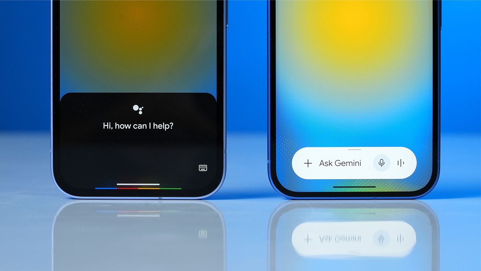 close up shot of Android phones showing the Google Assistant and Gemini interfaces next to each other close up shot of Android phones showing the Google Assistant and Gemini interfaces next to each other