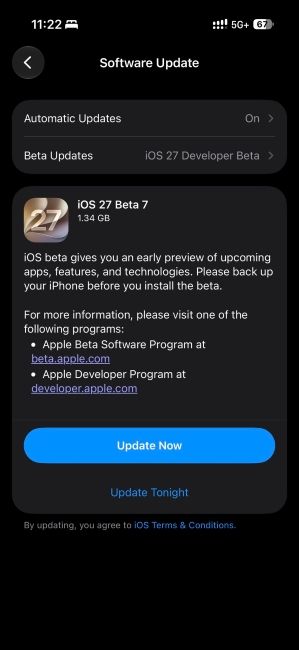 iOS 27 Beta 7 update in iOS software update page
