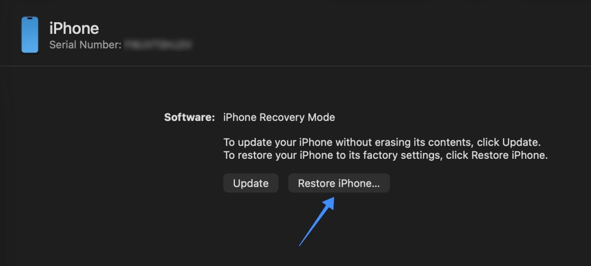 iPhone Air connected to the Mac in DFU mode showing the Restore option iPhone Air connected to the Mac in DFU mode showing the Restore option