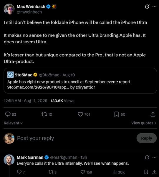 iPhone Ultra moniker post on X