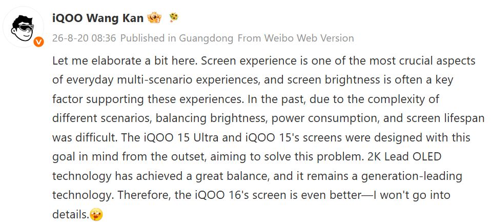 iQOO Wang Kan iQOO 16 display details