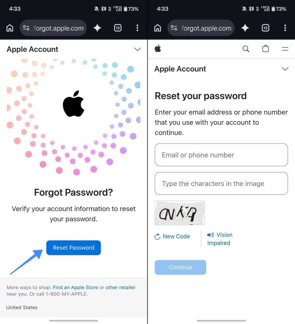 iforgot password page screenshots on an Android device browser