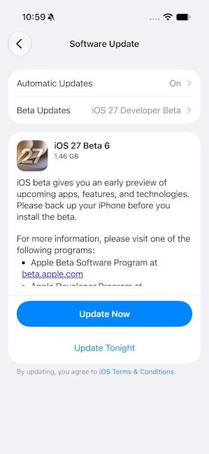 iOS 27 developer beta 6 update page screenshot
