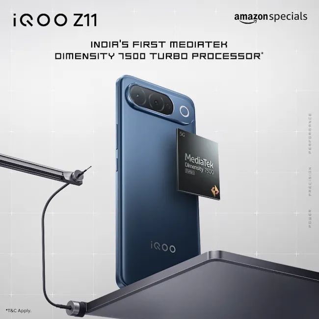 iQOO Z11 blue back design showcased and processor mentioned in official marketing image