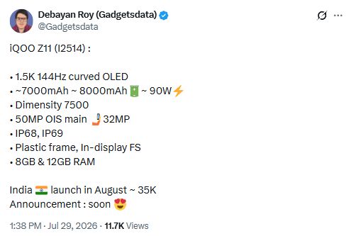 iQOO Z11 key specs and price leaked in an X post screenshot