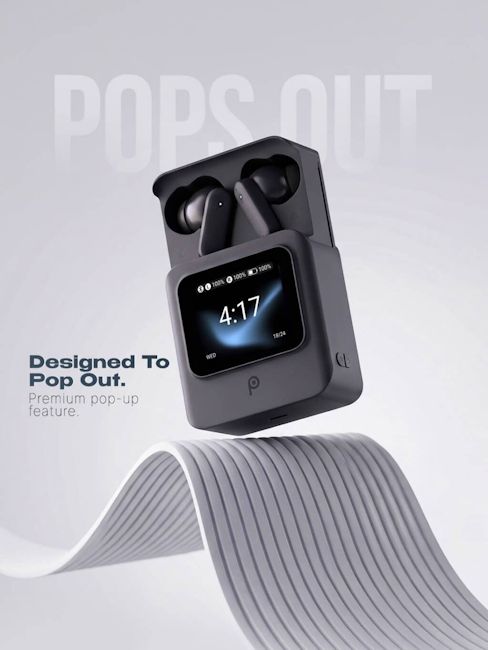 Lava Probuds Xplore 25° TWS with built-in screen and design showcased in black colourway Lava Probuds Xplore 25° TWS with built-in screen and design showcased in black colourway