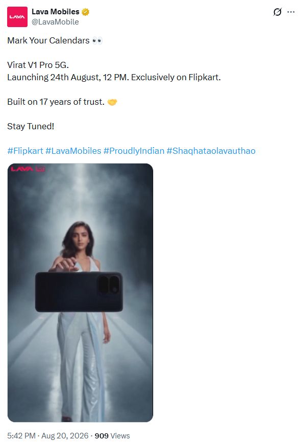 Screenshot of X post teasing the Lava Virat V1 Pro 5G and confirming its launch date in India Screenshot of X post teasing the Lava Virat V1 Pro 5G and confirming its launch date in India