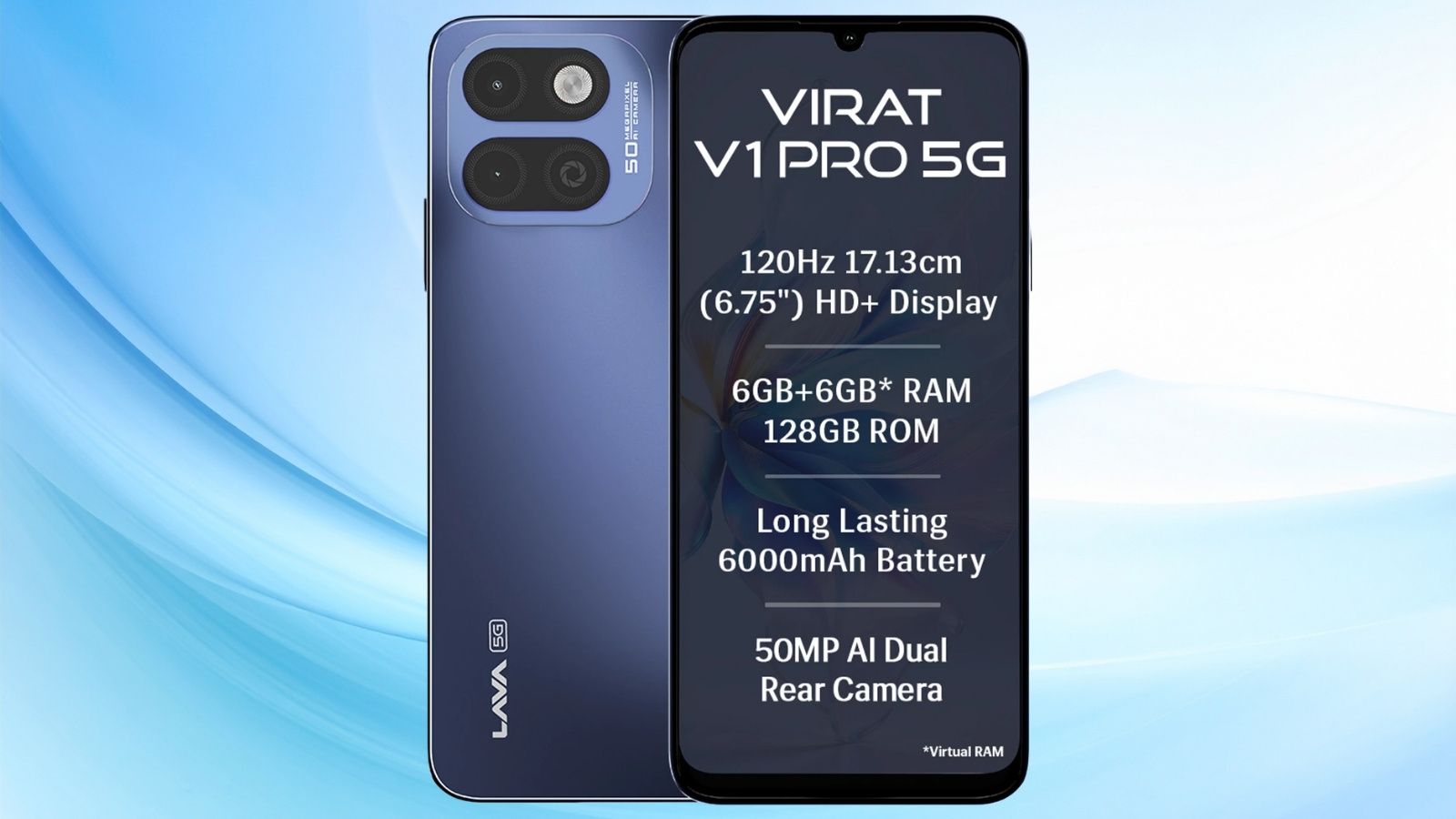 Lava Virat V1 Pro 5G Sikkim blue colourway front and back design showcased