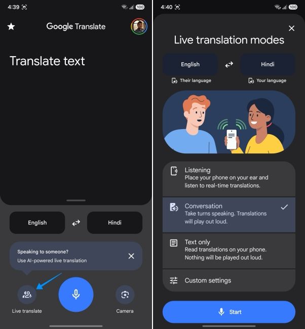 screenshot from an android phone showing how to use live translate mode via google translate screenshot from an android phone showing how to use live translate mode via google translate