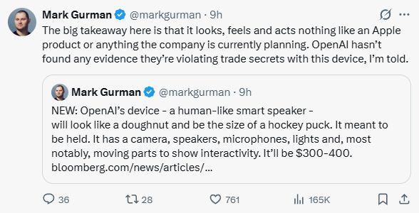 Mark Gurman X post sharing that OpenAI's upcoming smart speaker looks nothing like an Apple product