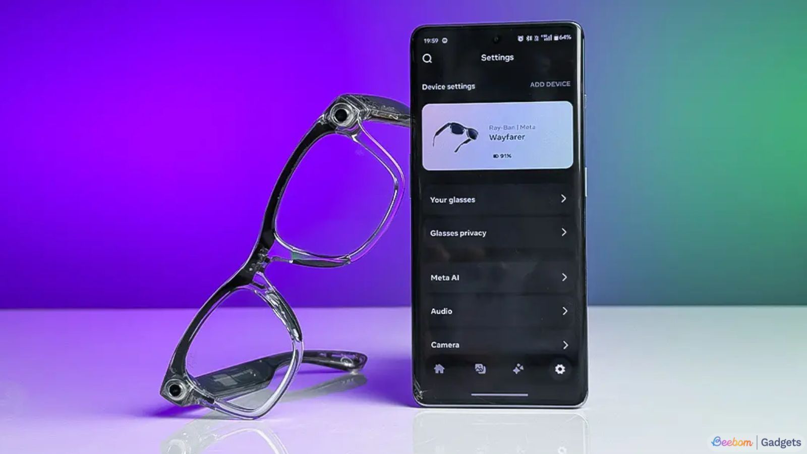 Meta Ray Ban glasses leaning on a phone with the Meta AI app open Meta Ray Ban glasses leaning on a phone with the Meta AI app open