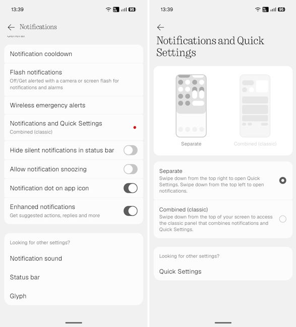 Nothing OS 5.0 separate and combined (classic) settings